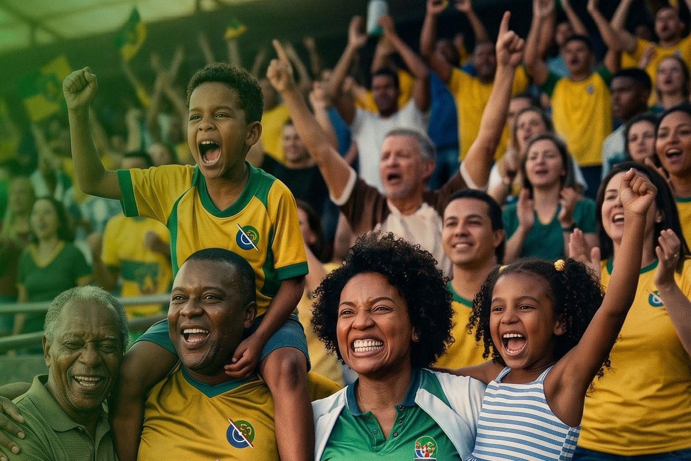 Família e torcedores comemorando juntos na arquibancada, vestindo amarelo e verde